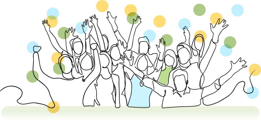 Line Illustration showing a group of people celebrating